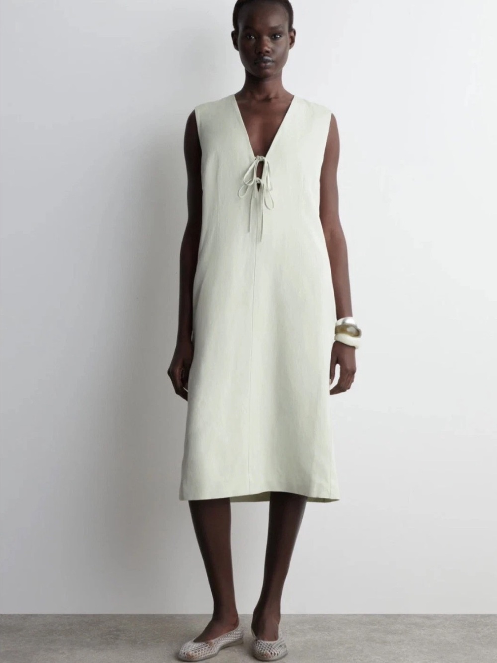 COS Linen Sleeveless Tie-Front Midi Dress in Pale Green Sage